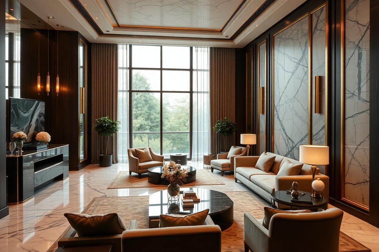 Interior de apartamento de luxo com mármore e detalhes dourados